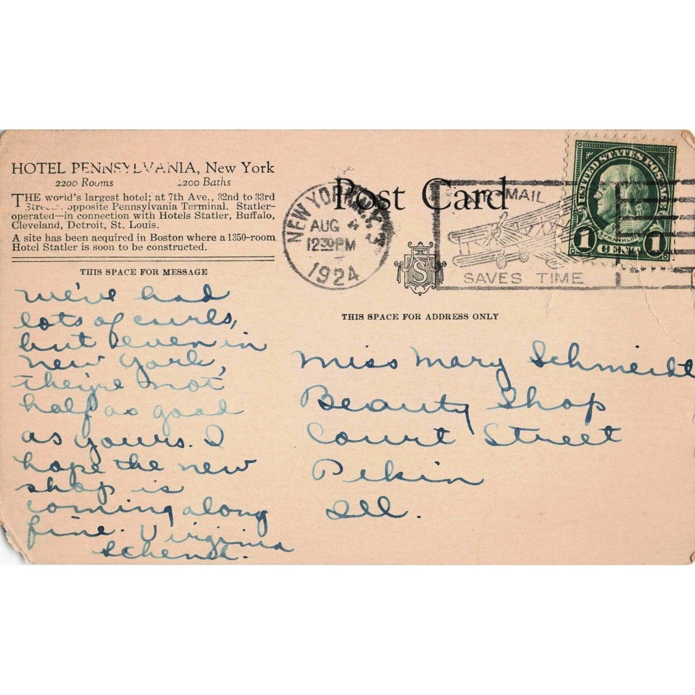 Hotel Pennsylvania New York City NYC NY 7th Ave 32nd St 1924 Vintage Postcard - Picture 2 of 2
